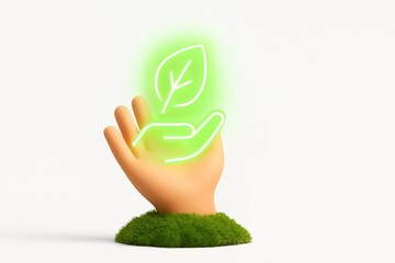 Hand Holding Leaf Symbol with Neon Glow on Green Grass Base for Eco-Friendly Concept