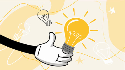 creative idea for business growth with hand retro cartoon bring a light bulb vector illustration, web design poster, marketing material, vector illustration of online marketing