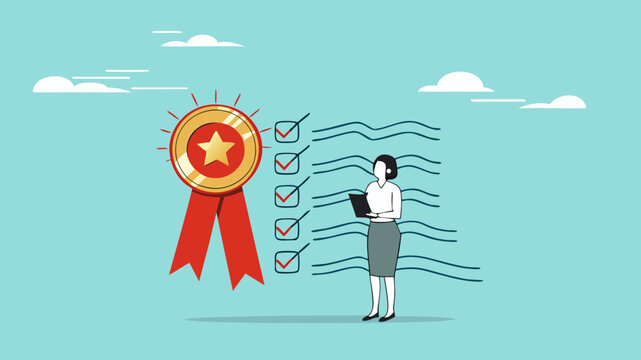 quality control concept vector illustration, businesswoman check product quality with set standard and quality icon. quality control or certified approval. product safety. guarantee checklist document