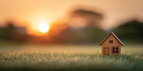 Simple wooden house model on green grass field with warm sunset light creating peaceful atmosphere for family love care and real estate concept commercial design background.