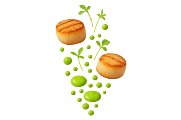 Grilled scallops with green peas and fresh sprouts isolated on transparent background