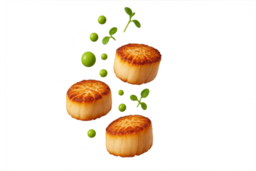 Delicious seared scallops and fresh green peas isolated on transparent background