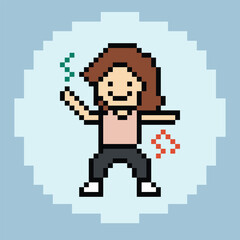 Obraz premium Cartoon pixel art character woman exercises training dance lifestyle music decoration life style 8 bit female girl dance with music game 8bit fitness isolated vector.