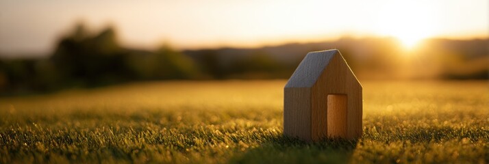 Simple wooden house model on green grass field with warm sunset light creating peaceful atmosphere for family love care and real estate concept commercial design background.