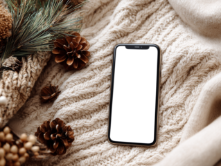 a smartphone with a transparent screen on a cozy winter christmas themed neutral bright background. png transparent 