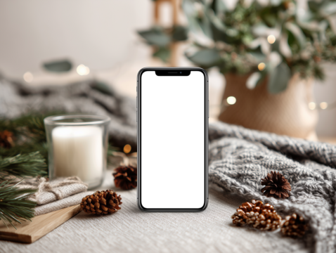 a smartphone with a transparent screen on a cozy winter christmas themed neutral bright background. png transparent 
