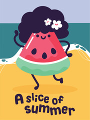 Cute summer mascots poster watermelon funky hairstyle flowers