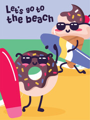 Cute summer mascots poster donut ice cream  sea surfs