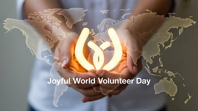 Hands holding a glowing symbol with world map overlay for Joyful World Volunteer Day