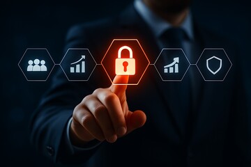 Hand touching digital security padlock icon technology