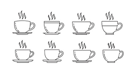 Collection of eight steaming coffee cups and saucers in a simple line drawing silhouette