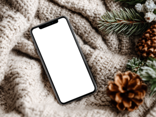 a smartphone with a transparent screen on a cozy winter christmas themed neutral bright background. png transparent 