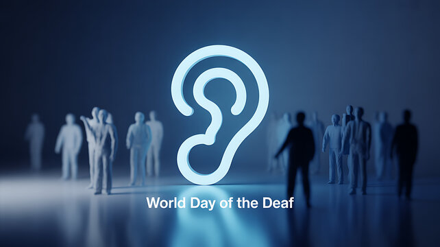 World Day of the Deaf symbol with silhouetted figures and glowing ear icon