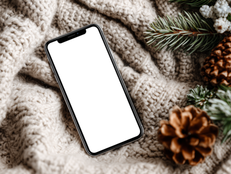 a smartphone with a transparent screen on a cozy winter christmas themed neutral bright background. png transparent 
