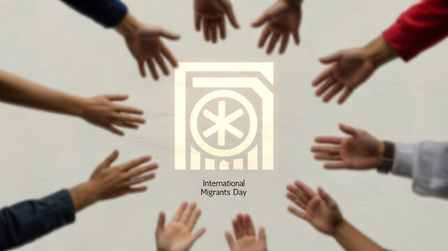 Multiple hands reaching toward a central symbol representing International Migrant Day