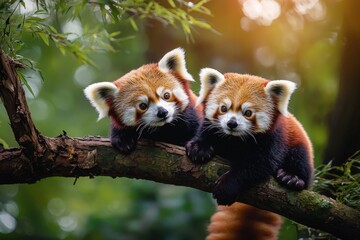 Two red pandas resting on tree branch in lush green forest with soft sunlight creating warm and peaceful atmosphere around playful animals