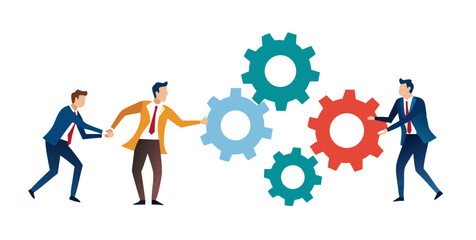 Teamwork, business people in motion, workforce. Concept business people on gear wheels. Motivation for success.Team Leader Showing The Way | New Biz
