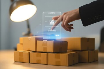 E-commerce Shipping Concept: Person Interacting with Digital Order Tracking Interface Above Cardboard Boxes