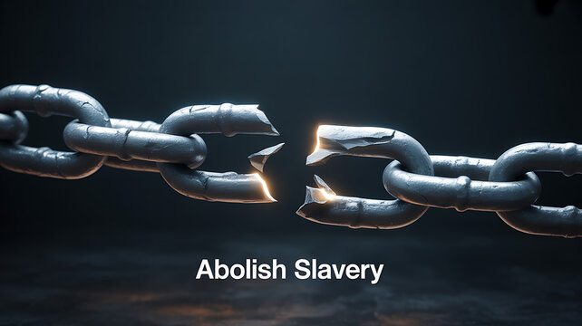 A broken chain with glowing fracture, symbolizing the end of slavery