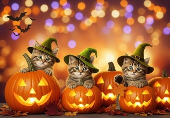 Three Tabby Kittens Wearing Witch Hats Sit on Carved Halloween Pumpkins image photo