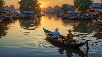 Obraz premium Serene sunset over a tranquil river with fishermen in a boat, vibrant market scene in background