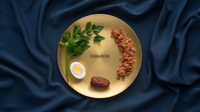 Passover Seder plate with symbolic foods including parsley, egg, charoset, and shank bone on a dark blue fabric background