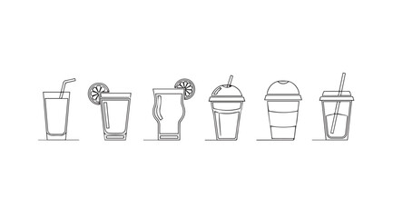 Collection of six different beverage glasses and cups in a line silhouette