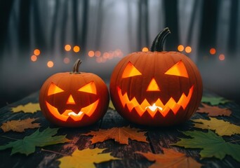 Two glowing carved Halloween pumpkins on a wooden table with autumn leaves jackolantern