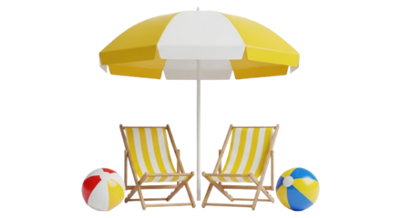 Beach scene with umbrella, chairs, and balls isolated on transparent background, perfect for summer vacation and relaxation themes