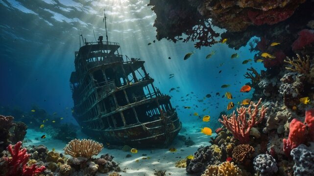 Underwater scene showcasing a sunken ship surrounded by vibrant coral reefs and colorful fish