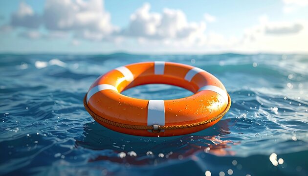 Orange and White Lifebuoy Floating Calmly on Blue Ocean under Cloudy Sky Cinematic HDR Macro Photography - Powered by Adobe