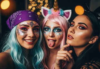 Three young women with colorful makeup and costumes at a party halloween glitter
