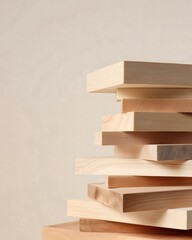 Pile of neatly stacked wooden boards with visible grain and smooth edges on a neutral background.