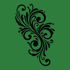 Black ornate floral swirl design on green background