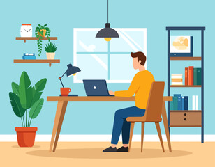 Illustration of a man working on a laptop at a desk in a bright, modern home office setting.