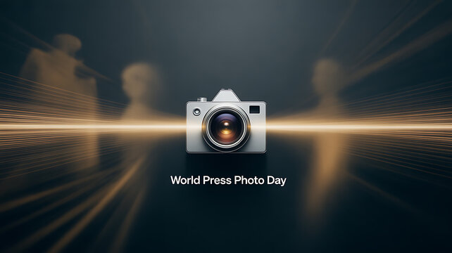World Press Photo Day celebration with a camera icon and radiant light effects