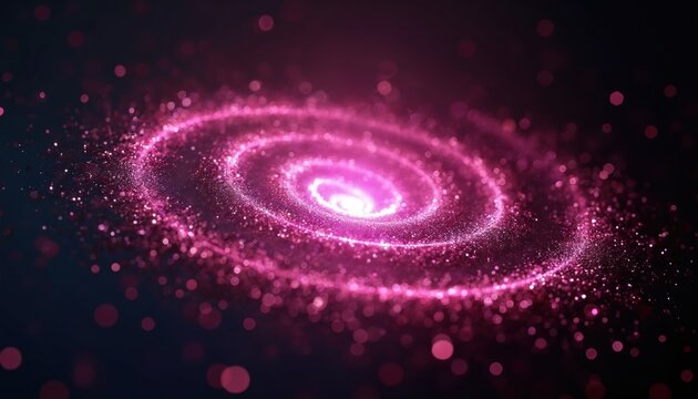 Abstract background. Pink, purple swirling light particle vortex. Spiral galaxy, bright energy glow. Dark futuristic design, tech, science themes. Cosmos, universe, nebula concept. Vibrant colors,