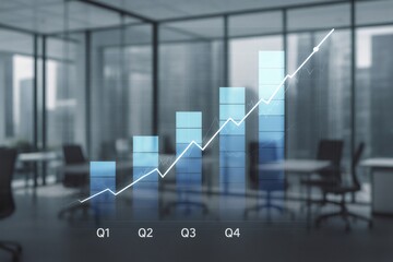 Growing business bar chart overlaying modern office interior