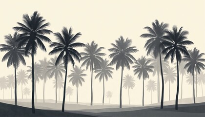 Serene elegant monochrome illustration of palm trees. Calm nature, beige background with tropical coast view, vacation mood. Simple minimalist design, vintage retro style, peaceful escape to paradise.