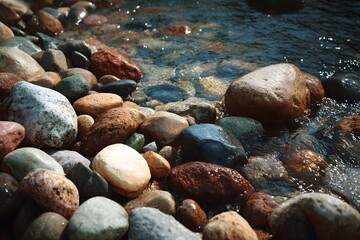 Riverbed with smooth stones and flowing water evokes calmness perfect for nature ads.