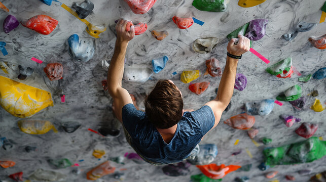 A man is climbing a rock wall