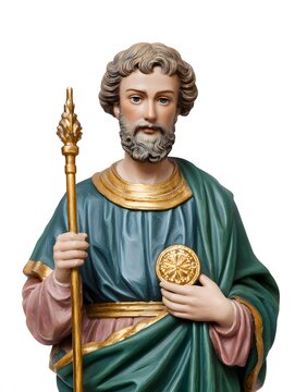 Saint Jude Thaddeus radiates hope and comfort clutching his medallion and staff.