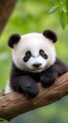 Obraz premium Panda cub resting on tree branch looking at camera