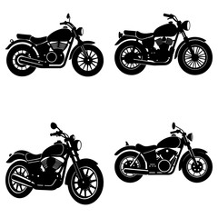 Obraz premium Silhouette illustration showcasing four classic motorcycles in varying poses and arrangements on a white background