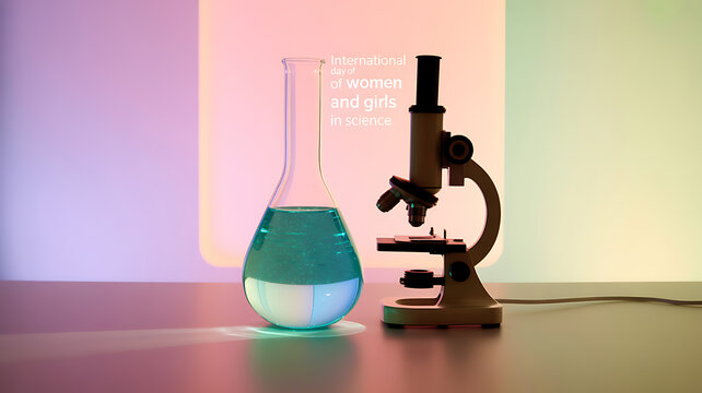 Laboratory setup with microscope and beaker containing blue liquid, illuminated by colorful background light