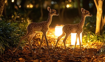 Two young deer in a garden at night. Soft lighting highlights their spotted coats