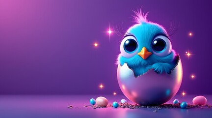 Obraz premium Fluffy Blue Chick Hatching from Pearlescent Egg – Magical Cute Digital Illustration