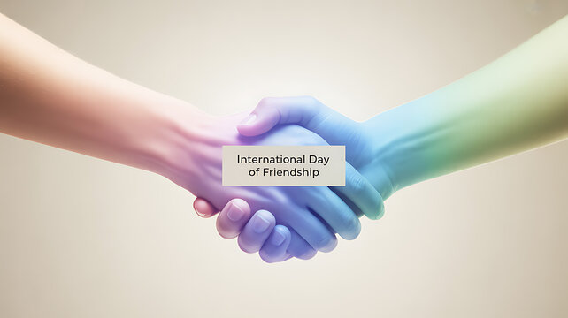 Two hands clasped together in a handshake with a gradient color effect, symbolizing unity and connection on the International Day of Friendship.