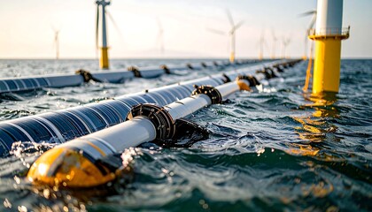 Wave energy converters floating on the surface of a calm ocean. Renewable energy reduces greenhouse gases, saves costs, and supports a cleaner, eco-friendly future.