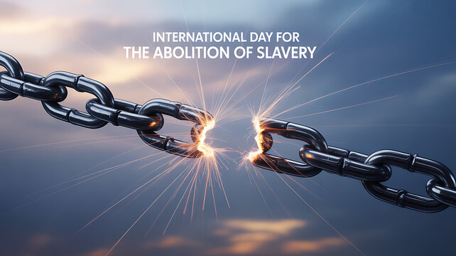 International Day for the Abolition of Slavery with breaking chains against a dramatic sky
